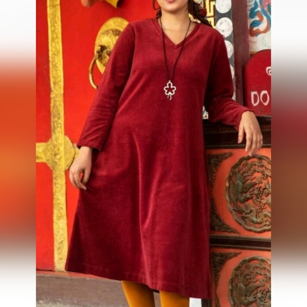 Gudrun Sjoden Velour Dress Womens Small Red Organic Cotton Pockets Long Sleeve